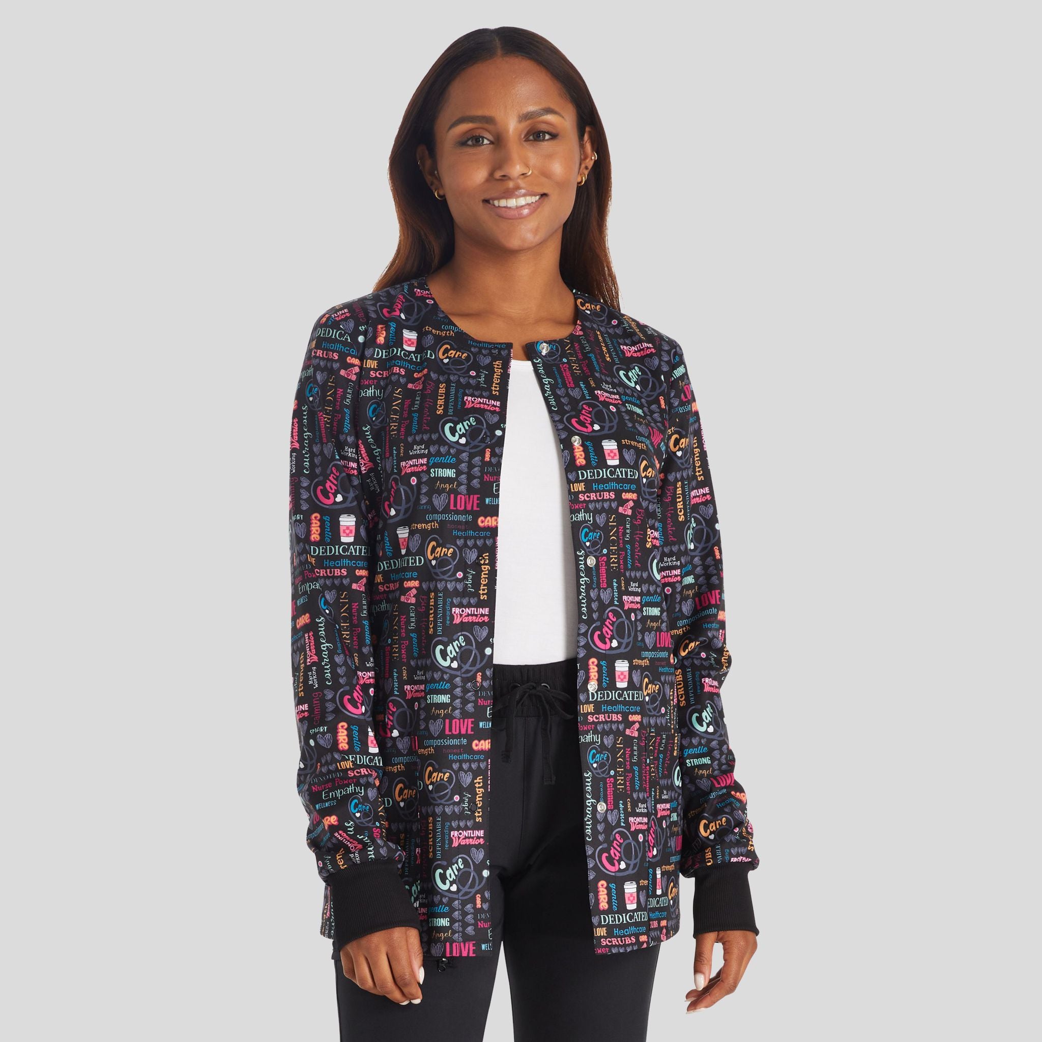Women's Snap Front Nurse Power Print Scrub Jacket