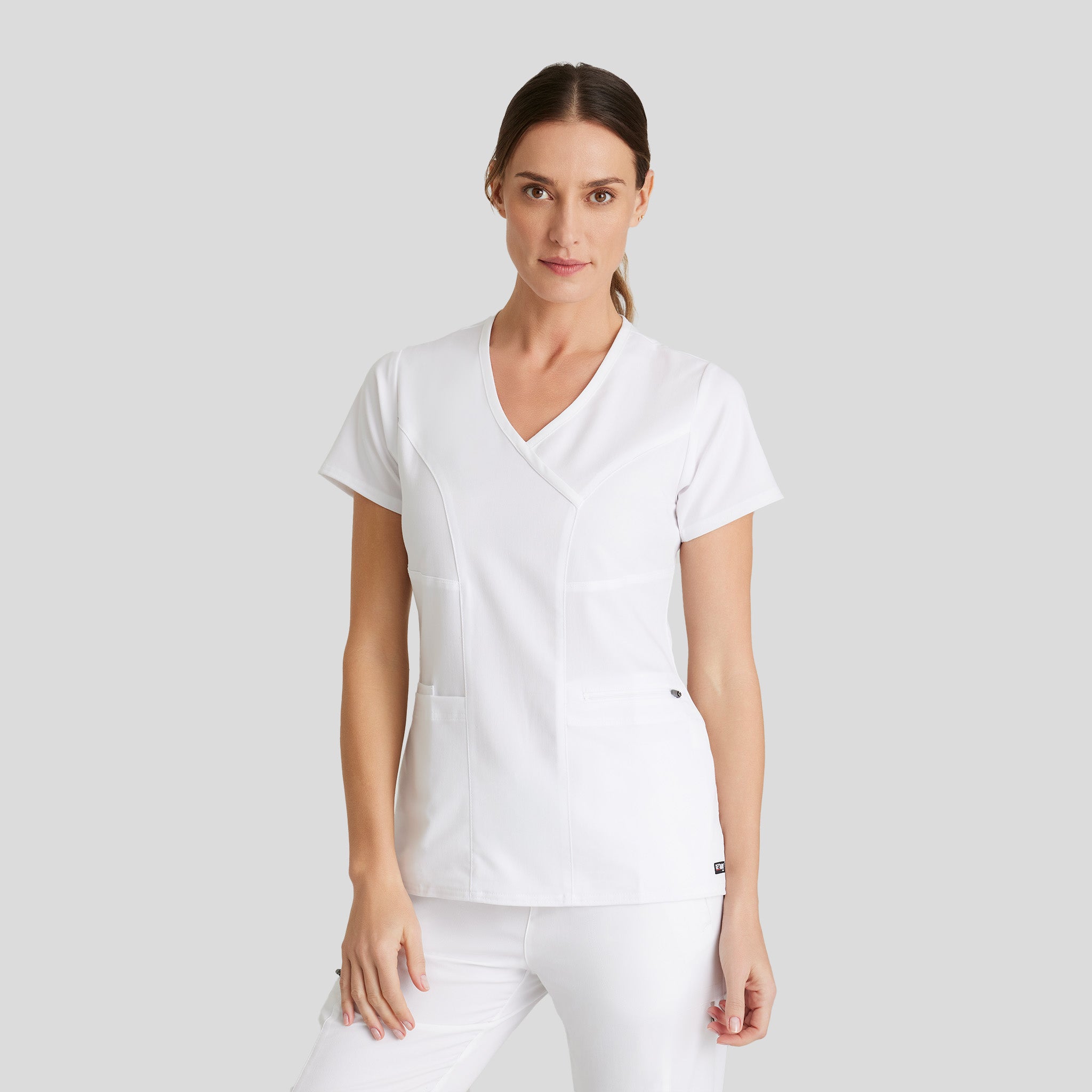 Kim 3-Pocket Crossover V-Neck Scrub Top | White