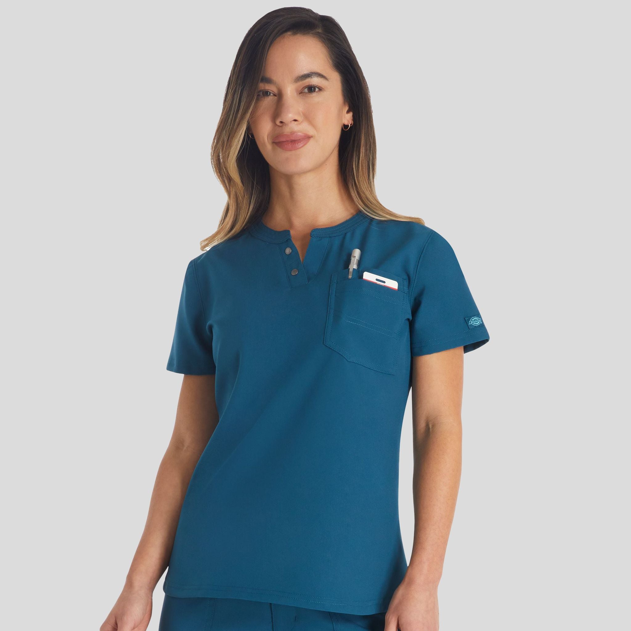 Women's Round Neck Henley Scrub Top | Caribbean