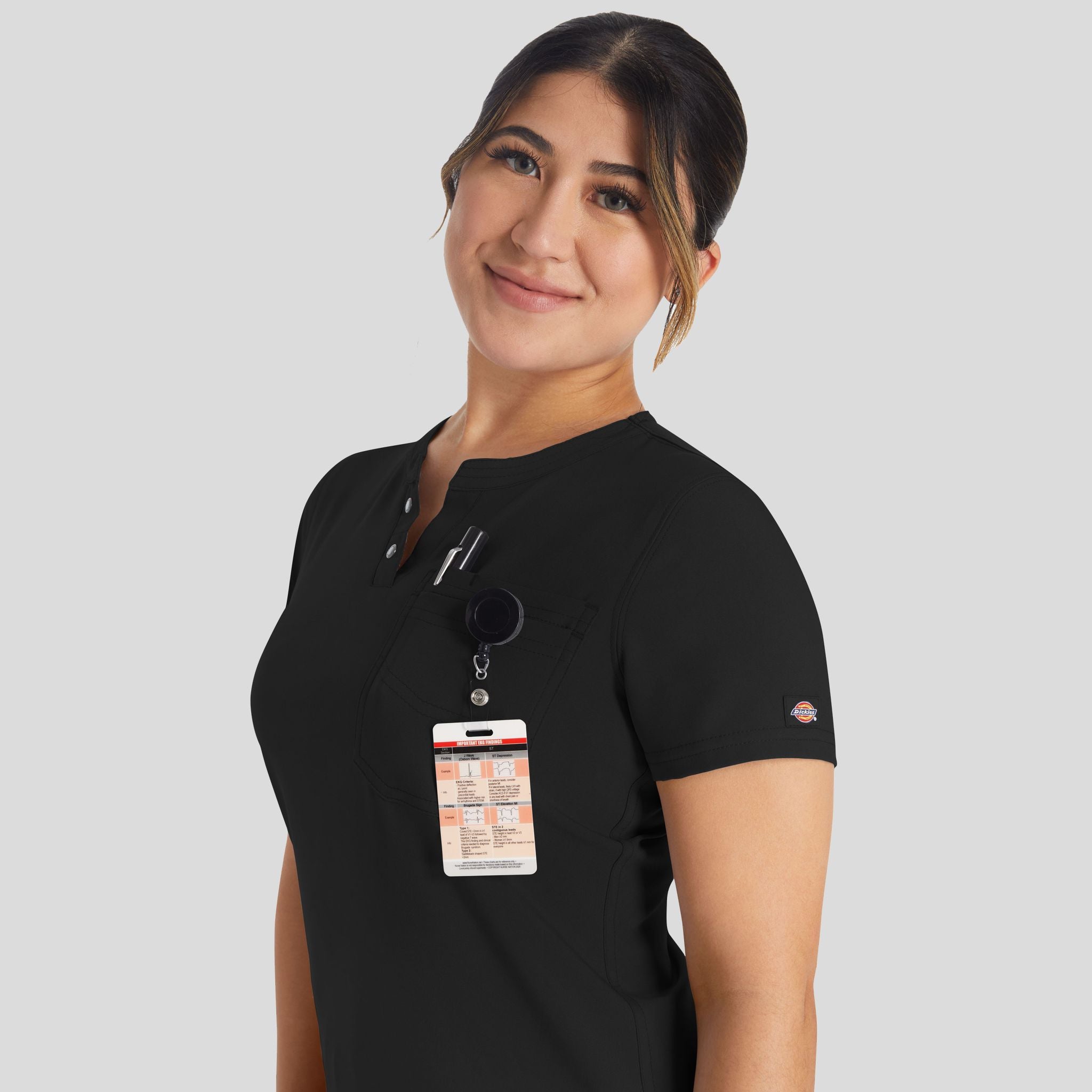 Women's Round Neck Henley Scrub Top | Black