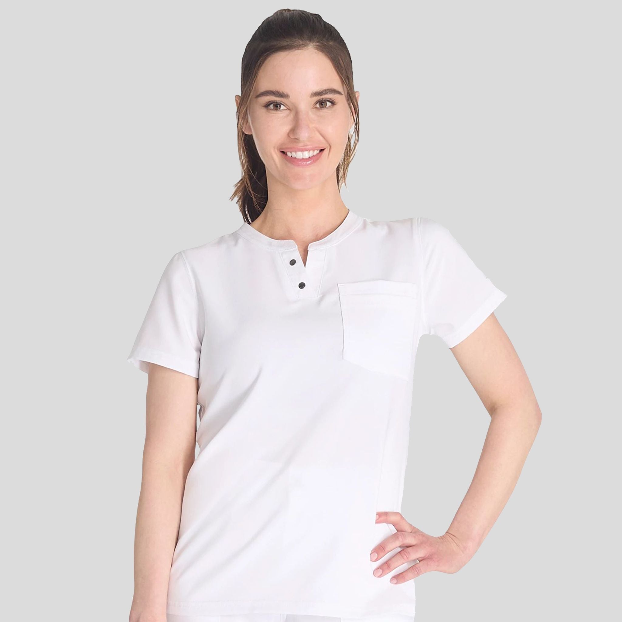 Women's Round Neck Henley Scrub Top | White